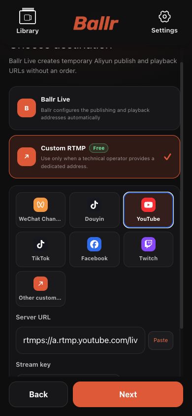 Manueller YouTube-Server und Streamschlüssel in der Ballr App