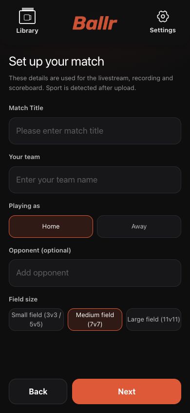 Ballr App 2.2.162 Live-Matchinformationen und Feldgrößenauswahl