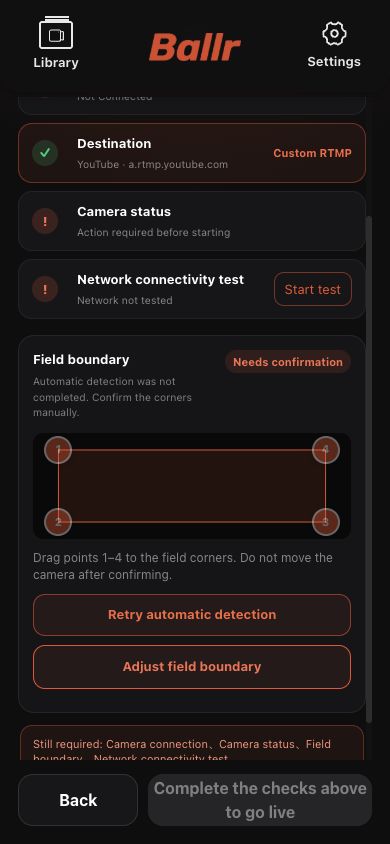 Ballr App benutzerdefinierte RTMP-Preflight-Prüfungen für Kamera, Ziel, Netzwerk und Feldbereich