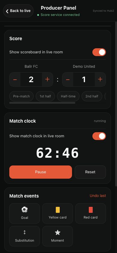 Ballr App official-live score and event controls