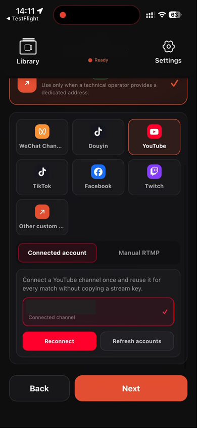 Verbundenes YouTube-Konto im benutzerdefinierten RTMP der Ballr App