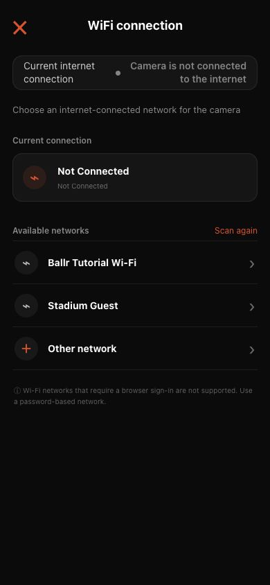Auswahl eines mit dem Internet verbundenen WLAN-Netzwerks für die Ballr Kamera